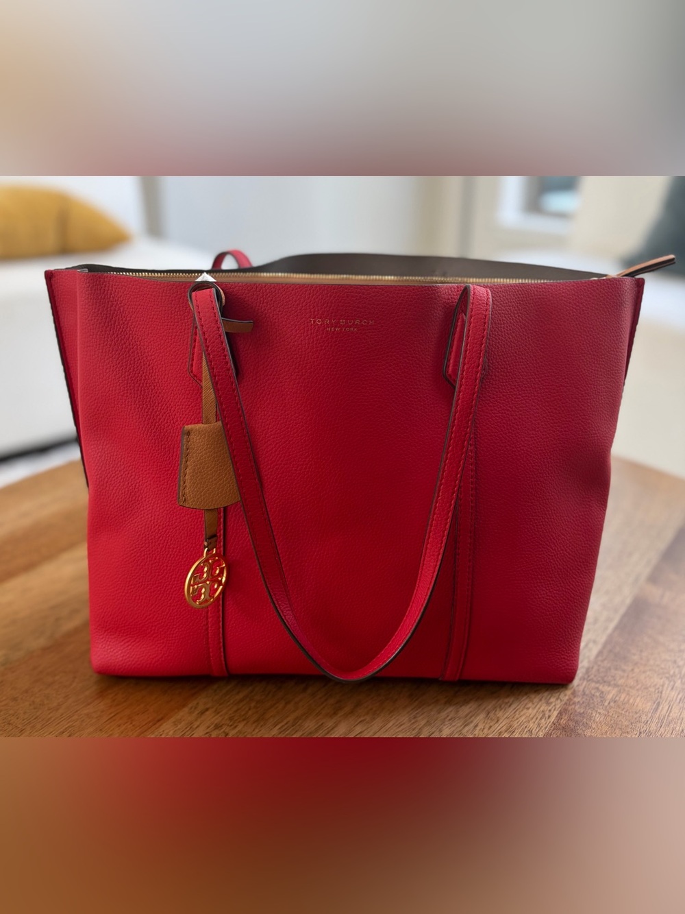 Tory Burch Perry Triple Compartment Tote Red Pebbled Leather Shoulder Bag